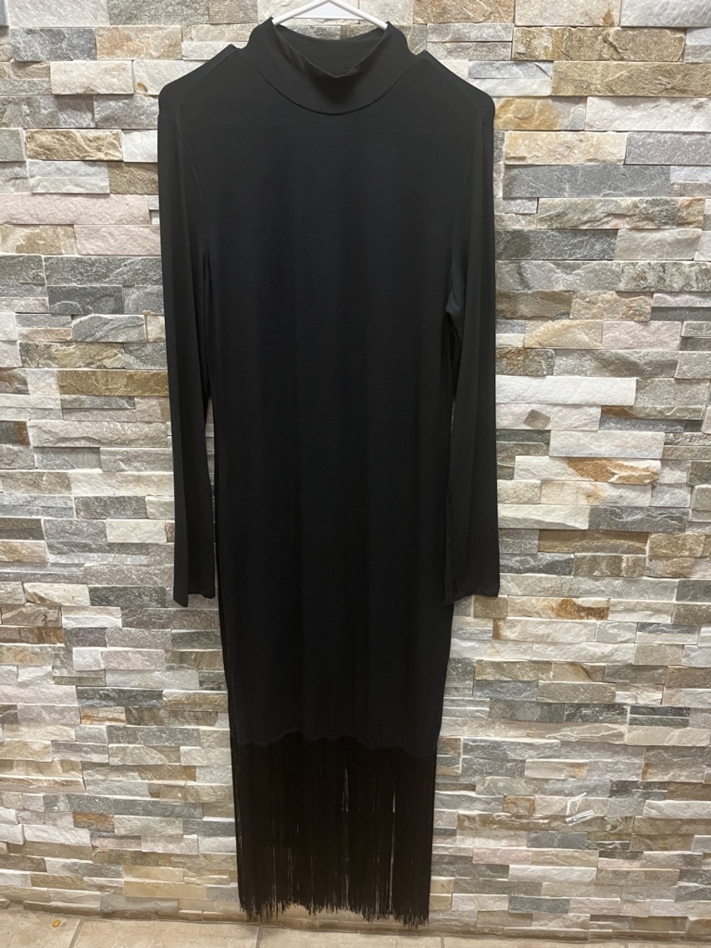 SHEIN Black Long-Sleeve Fringe Hem Midi Dress